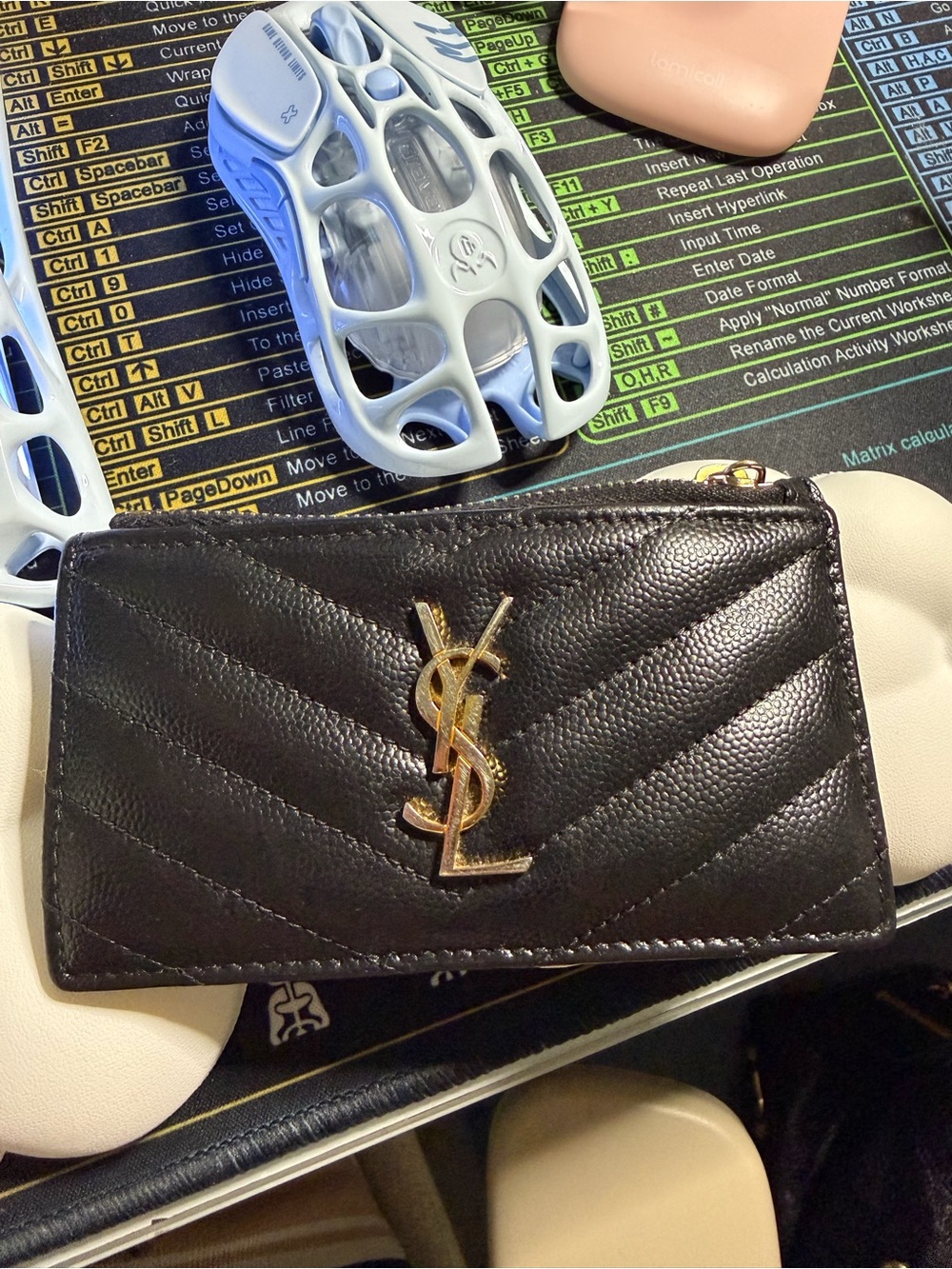 Saint Laurent Black Chevron Quilted Leather Card Pouch with Gold YSL